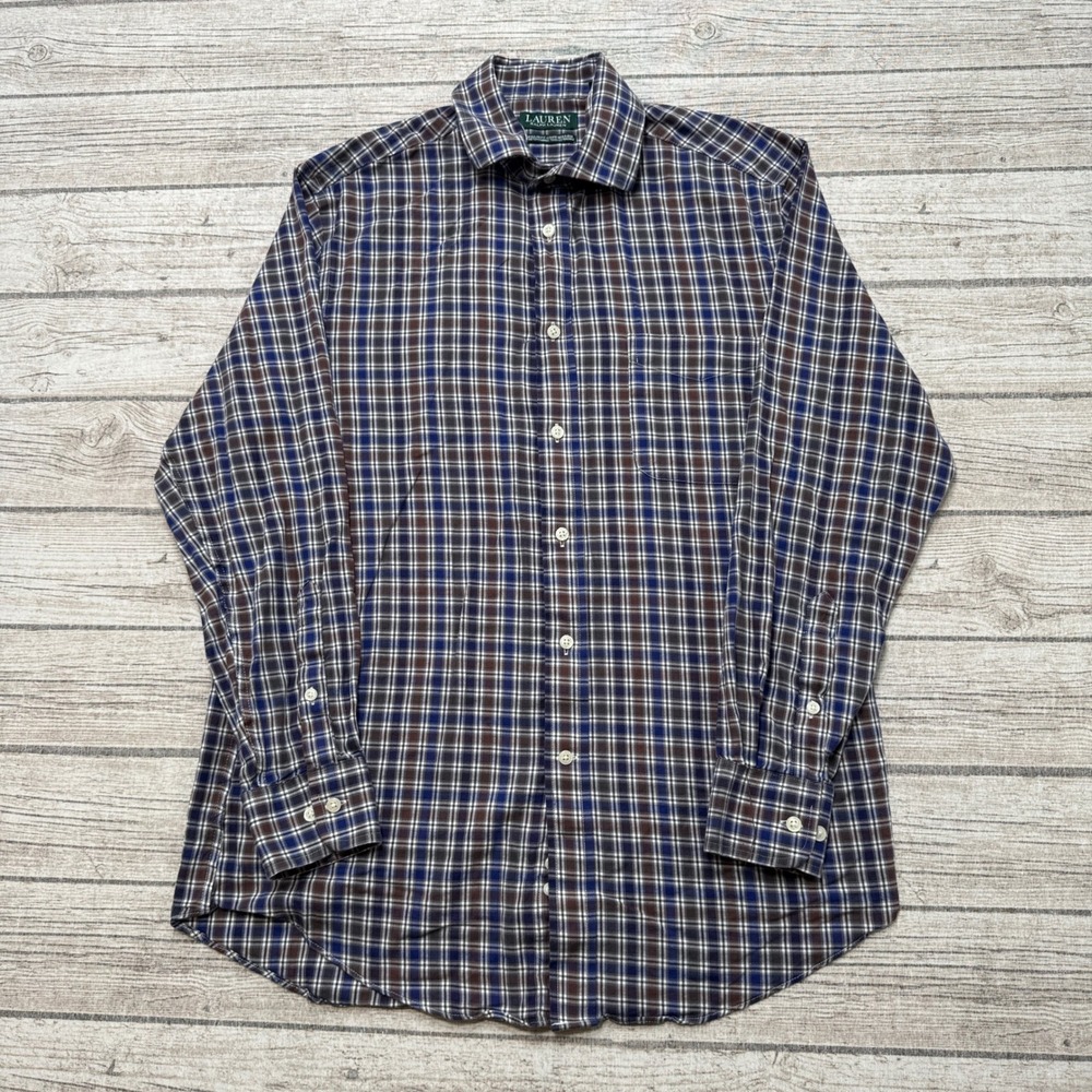 Lauren Ralph Lauren Shirt Mens Medium Blue Plaid Regular Fit Stretch Button Down